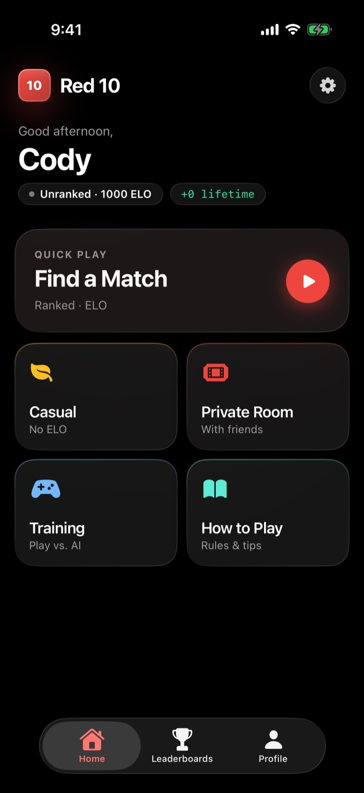 Red 10's home screen: Find a Match, Casual, Private Room, Training and How to Play.