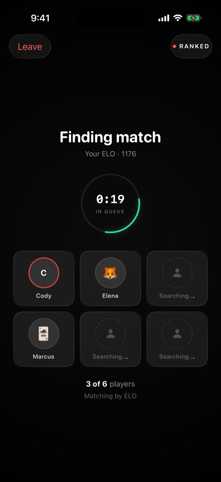 Ranked matchmaking finding six players by ELO rating.